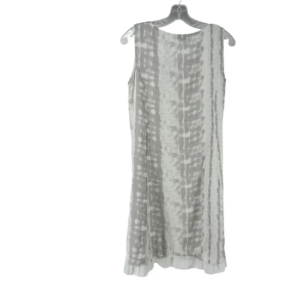 Italian Linen Dress Allegra Masetti Size M Sleevless Ruffle Gray White Beach - Picture 8 of 8